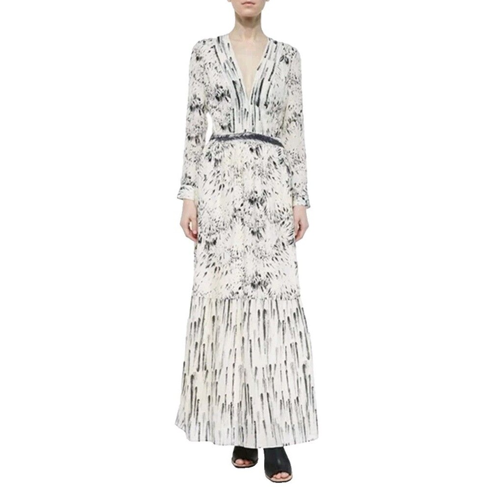 Haute Hippie Silk Maxi Dress Ivory Black Floral Feather Bouquet Size 6 Women